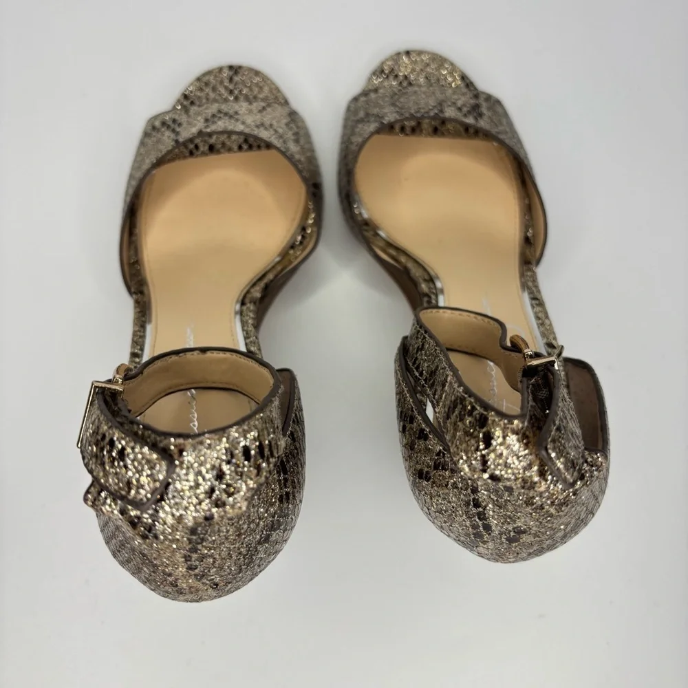 SH2 Jessica Simpson Cervena‎ Shimmery Snake Print Gold Wedge Party Sandals 8.5M